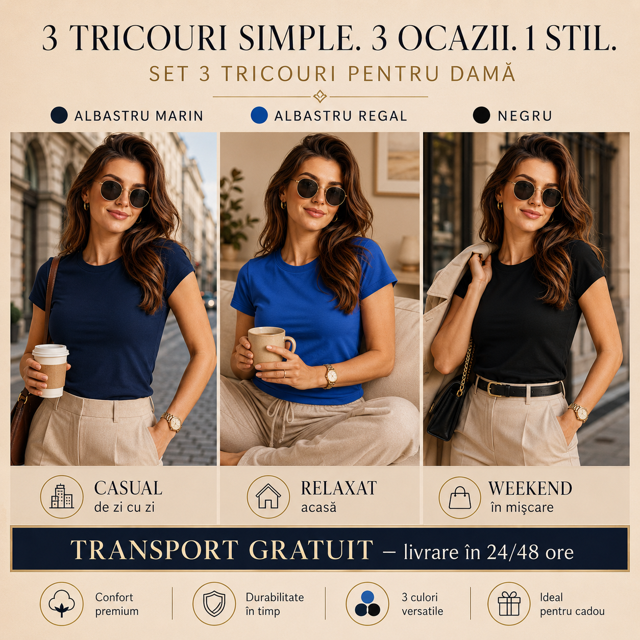 Tricouri damă simple din bumbac 100% albastru marin albastru regal negru